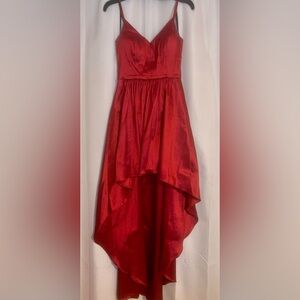 Red Satin High Low Formal Dress Spaghetti Strap Medium